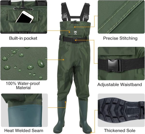 TIDEWE Bootfoot Chest Wader, 2-Ply Nylon/PVC Waterproof Fishing Hunting Waders with Boot Hanger for Men Women Green Brown - Image 3